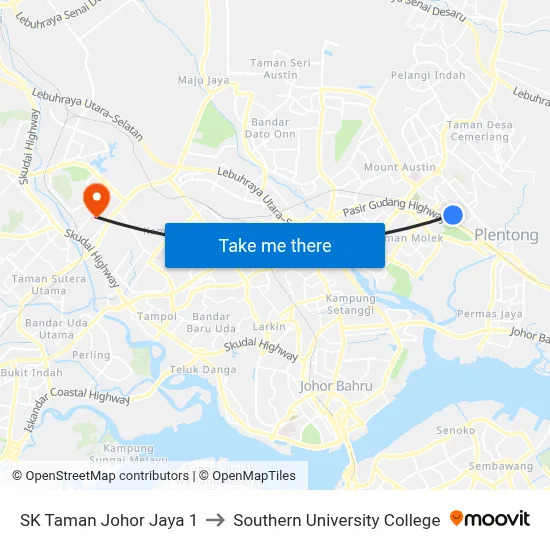 SK Taman Johor Jaya 1 to Southern University College map
