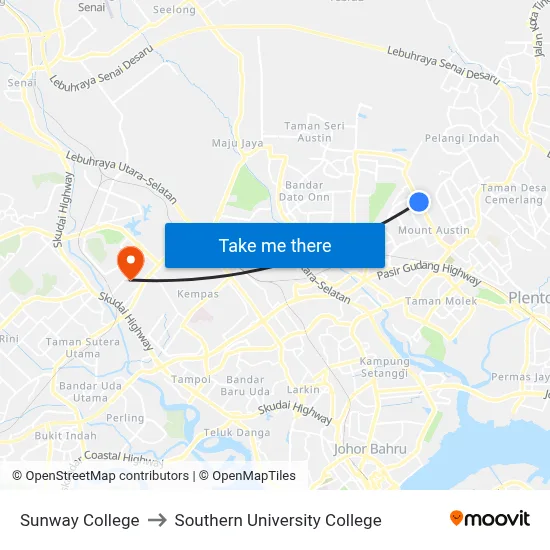 Sunway College to Southern University College map