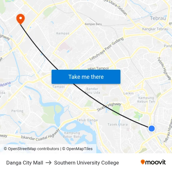 Danga City Mall to Southern University College map