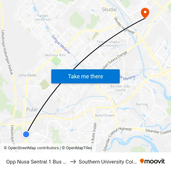 Opp Nusa Sentral 1 Bus Stop to Southern University College map