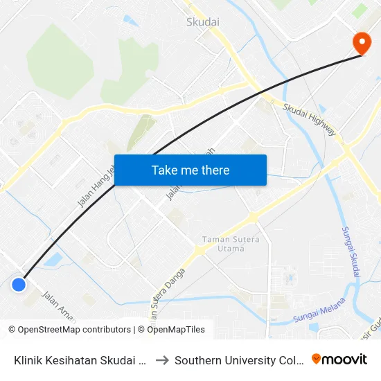 Klinik Kesihatan Skudai Baru to Southern University College map