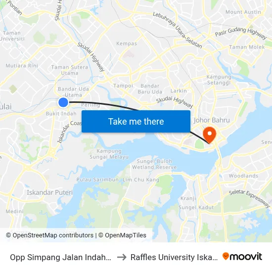 Opp Simpang Jalan Indah 1/10 to Raffles University Iskandar map