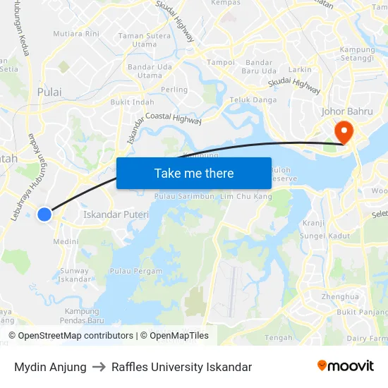 Mydin Anjung to Raffles University Iskandar map