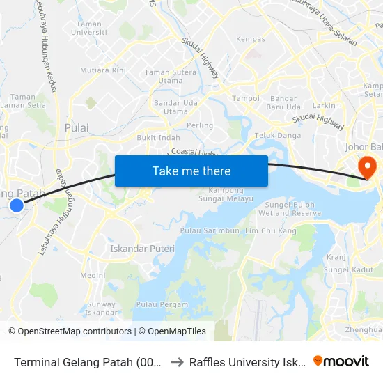 Terminal Gelang Patah (0000302) to Raffles University Iskandar map