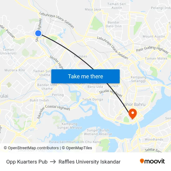 Opp Kuarters Pub to Raffles University Iskandar map
