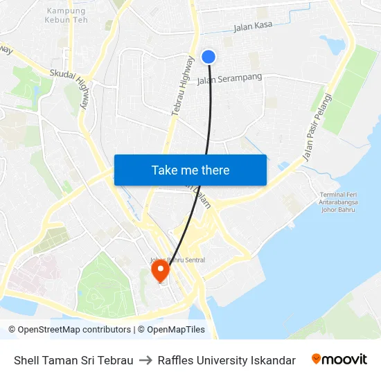 Shell Taman Sri Tebrau to Raffles University Iskandar map