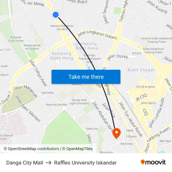 Danga City Mall to Raffles University Iskandar map