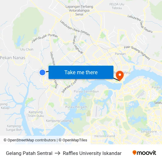 Gelang Patah Sentral to Raffles University Iskandar map