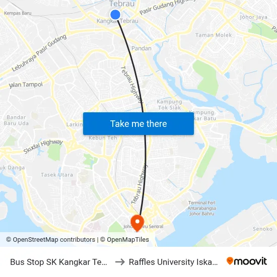 Bus Stop SK Kangkar Tebrau to Raffles University Iskandar map
