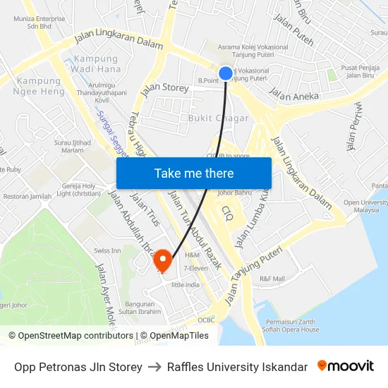 Opp Petronas Jln Storey to Raffles University Iskandar map