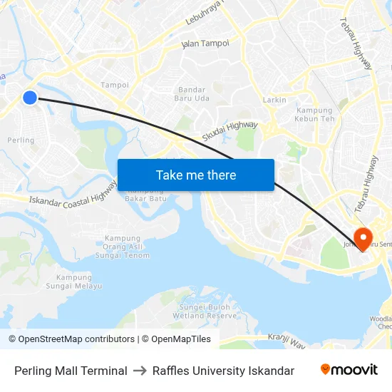 Perling Mall Terminal to Raffles University Iskandar map