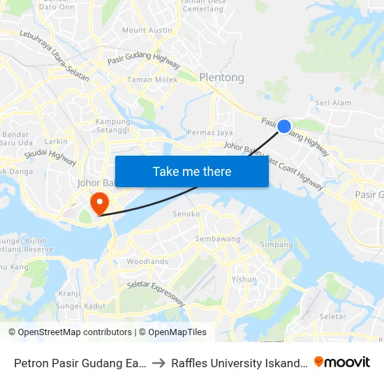 Petron Pasir Gudang East to Raffles University Iskandar map