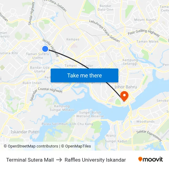 Terminal Sutera Mall to Raffles University Iskandar map