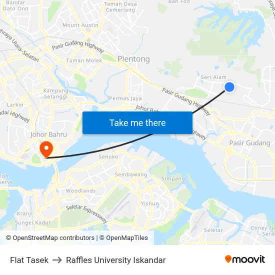 Flat Tasek to Raffles University Iskandar map