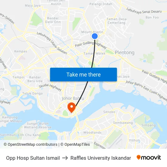 Opp Hosp Sultan Ismail to Raffles University Iskandar map