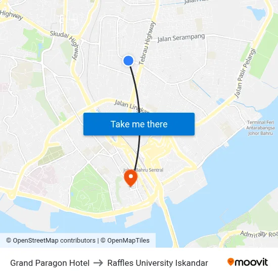 Grand Paragon Hotel to Raffles University Iskandar map