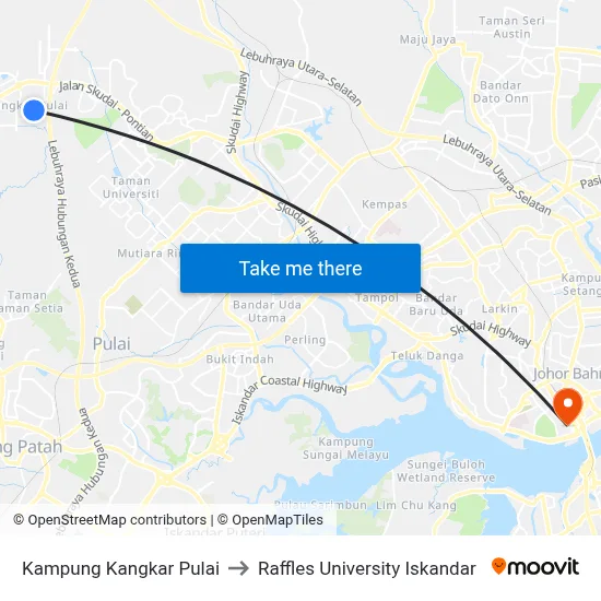 Kampung Kangkar Pulai to Raffles University Iskandar map