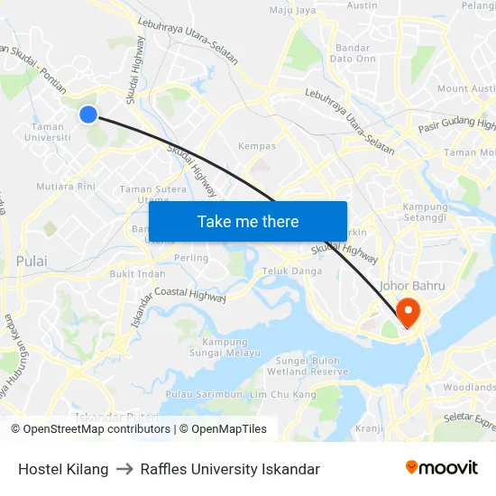 Hostel Kilang to Raffles University Iskandar map