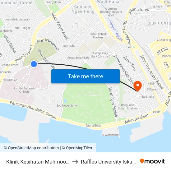 Klinik Kesihatan Mahmoodiah to Raffles University Iskandar map