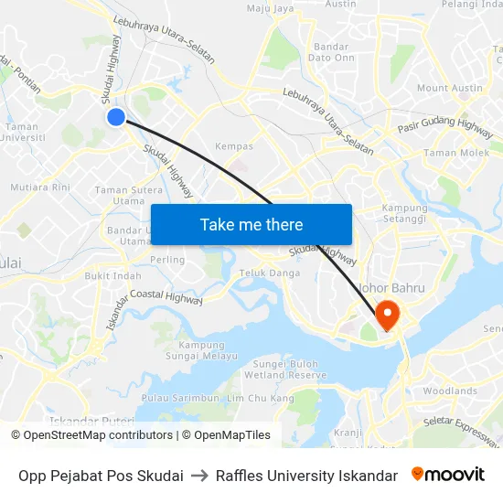 Opp Pejabat Pos Skudai to Raffles University Iskandar map
