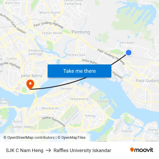 SJK C Nam Heng to Raffles University Iskandar map