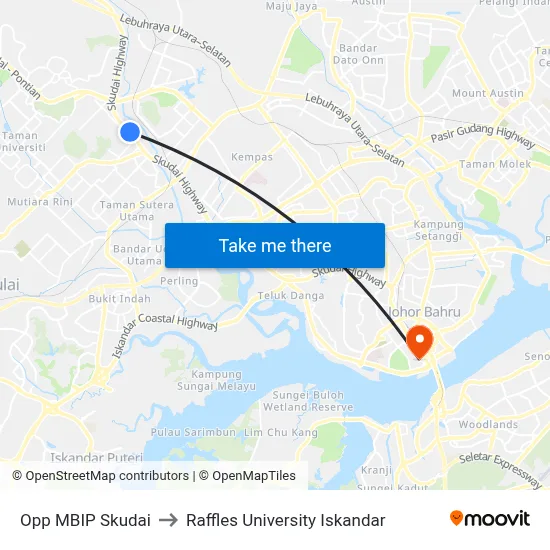 Opp MBIP Skudai to Raffles University Iskandar map