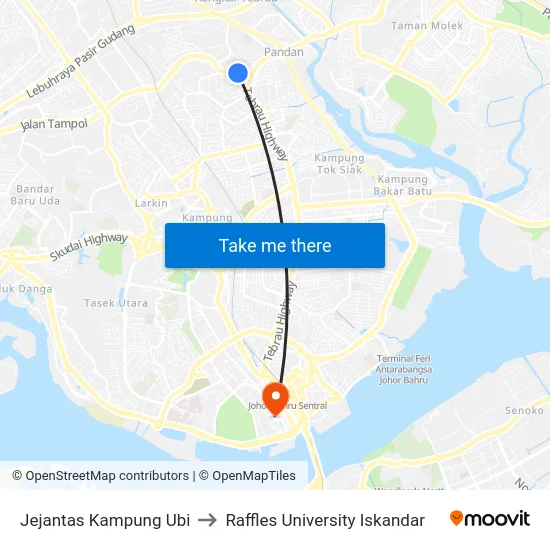 Jejantas Kampung Ubi to Raffles University Iskandar map