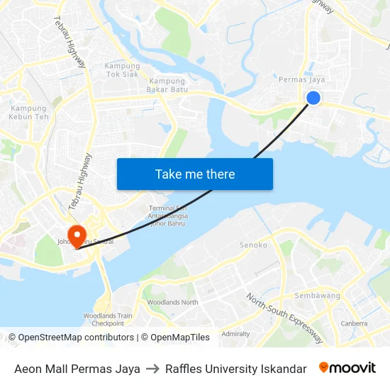 Aeon Mall Permas Jaya to Raffles University Iskandar map