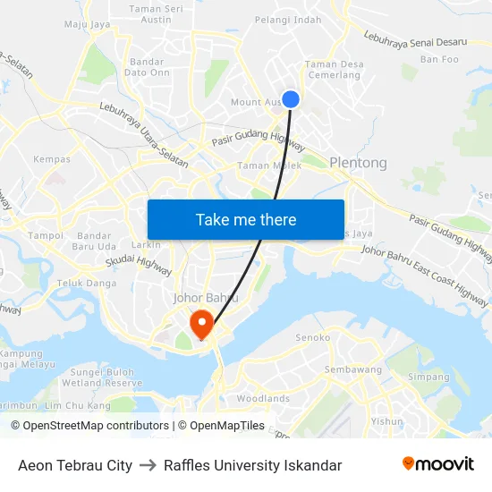 Aeon Tebrau City to Raffles University Iskandar map