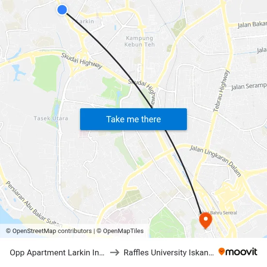 Opp Apartment Larkin Indah to Raffles University Iskandar map