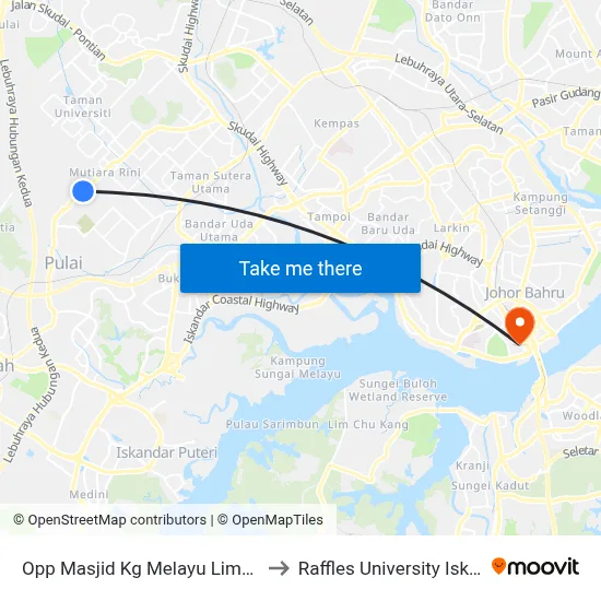 Opp Masjid Kg Melayu Lima Kedai to Raffles University Iskandar map