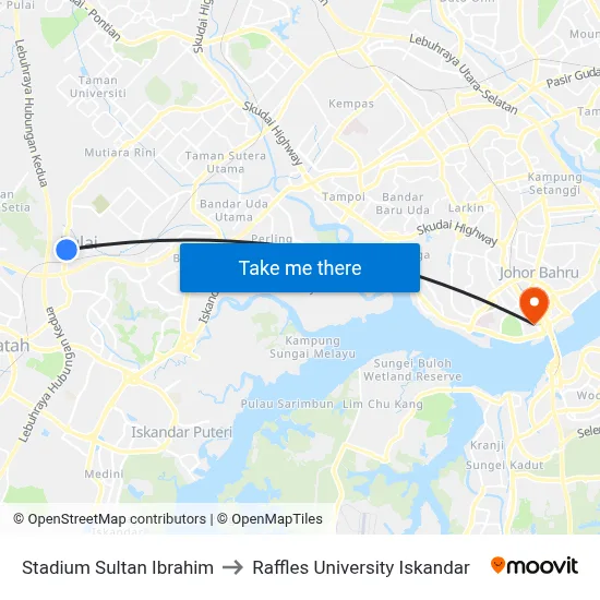 Stadium Sultan Ibrahim to Raffles University Iskandar map