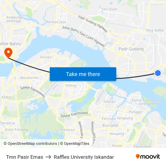 Tmn Pasir Emas to Raffles University Iskandar map