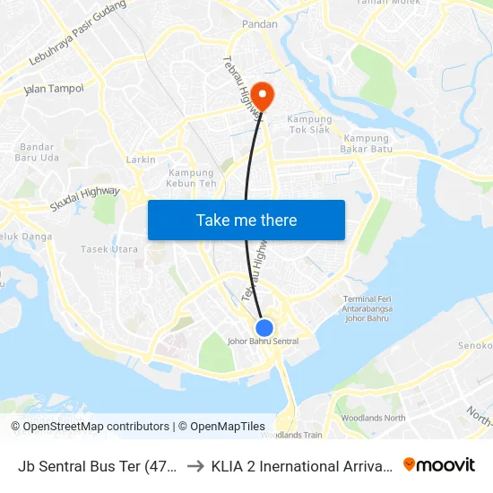Jb Sentral Bus Ter (47711) to KLIA 2 Inernational Arrival Hall map