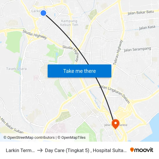 Larkin Terminal to Day Care (Tingkat 5) , Hospital Sultan Ismail map