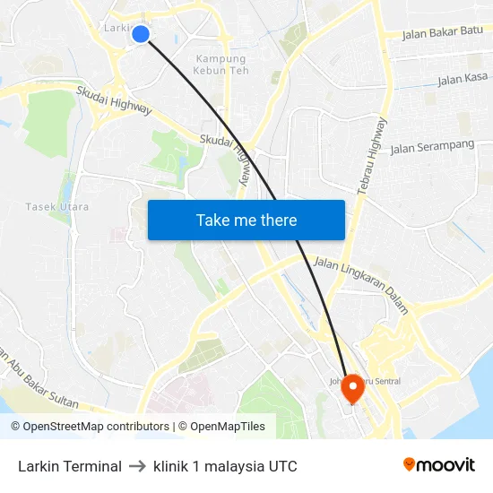 Larkin Terminal to klinik 1 malaysia UTC map