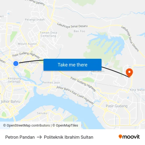 Petron Pandan to Politeknik Ibrahim Sultan map