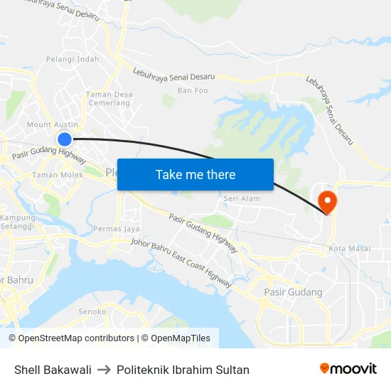 Shell Bakawali to Politeknik Ibrahim Sultan map