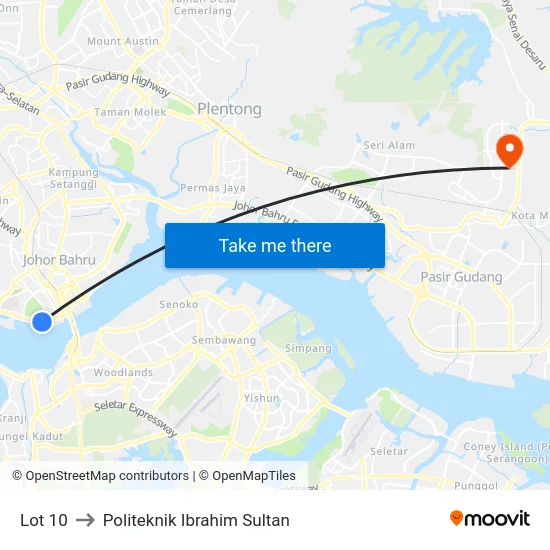 Lot 10 to Politeknik Ibrahim Sultan map