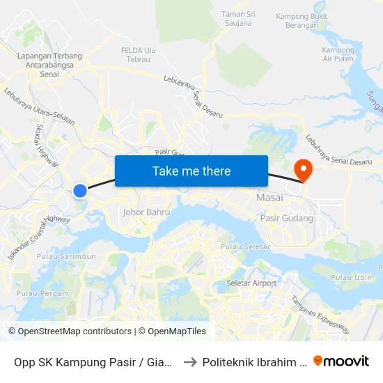 Opp SK Kampung Pasir / Giant Tampoi to Politeknik Ibrahim Sultan map