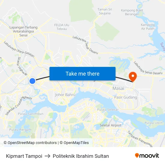 Kipmart Tampoi to Politeknik Ibrahim Sultan map