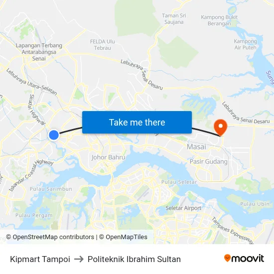 Kipmart Tampoi to Politeknik Ibrahim Sultan map