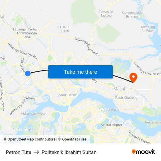 Petron Tuta to Politeknik Ibrahim Sultan map
