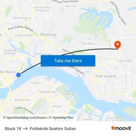 Block 18 to Politeknik Ibrahim Sultan map