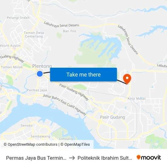 Permas Jaya Bus Terminal to Politeknik Ibrahim Sultan map