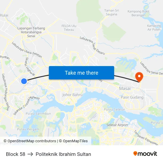 Block 58 to Politeknik Ibrahim Sultan map