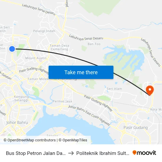 Bus Stop Petron Jalan Daya to Politeknik Ibrahim Sultan map