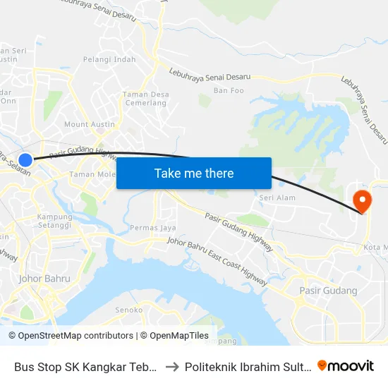 Bus Stop SK Kangkar Tebrau to Politeknik Ibrahim Sultan map
