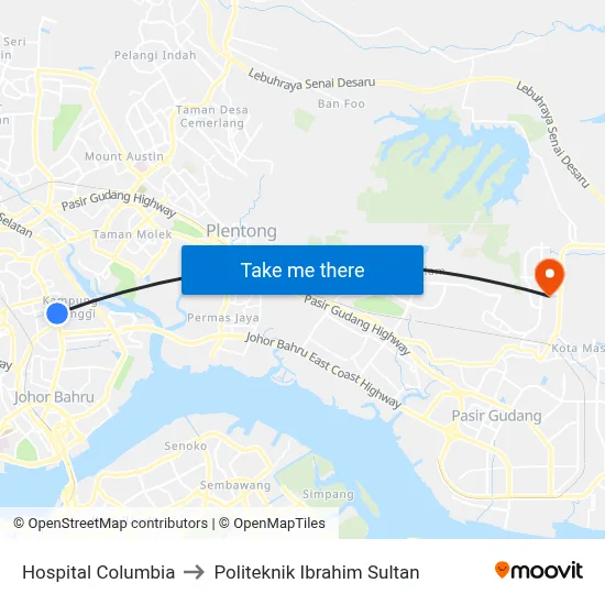 Hospital Columbia to Politeknik Ibrahim Sultan map