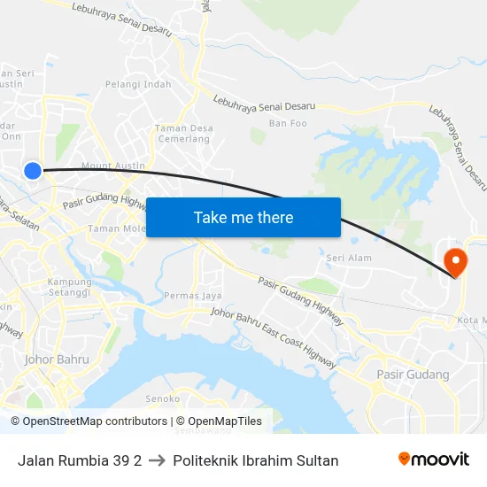Jalan Rumbia 39 2 to Politeknik Ibrahim Sultan map